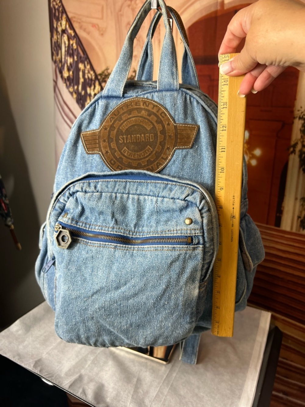 Vintage Gitano Blue Denim Backpack, top zip, front zip compartments, side pocket - Picture 13 of 15